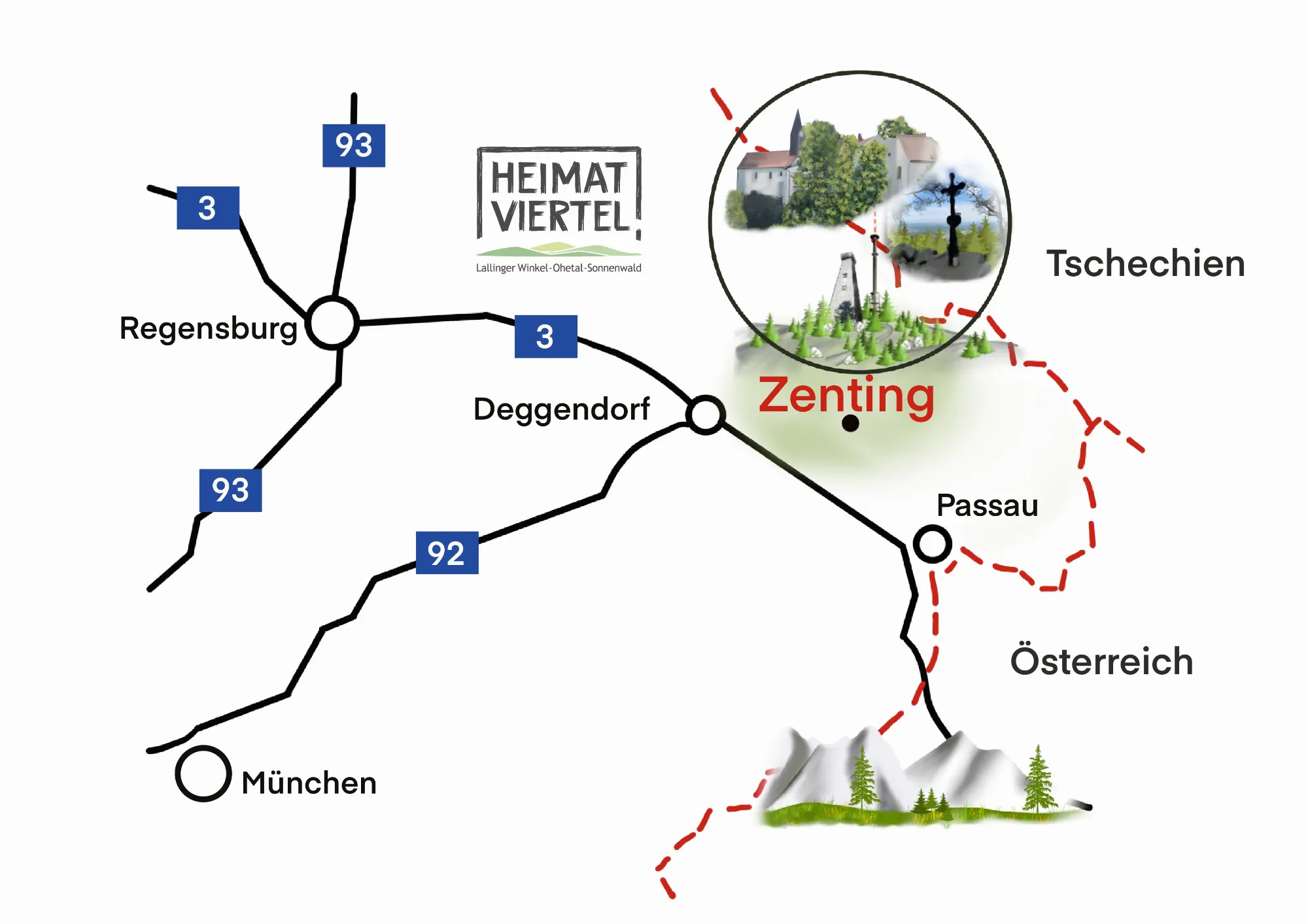 Übersichtskarte: Zenting liegt zwischen Deggendorf und Passau